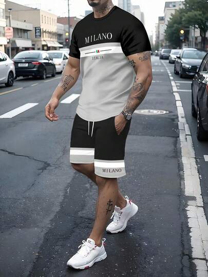 Manfinity Homme Conjunto de camiseta de manga corta y pantalones cortos casuales con bloques de color para hombre, verano