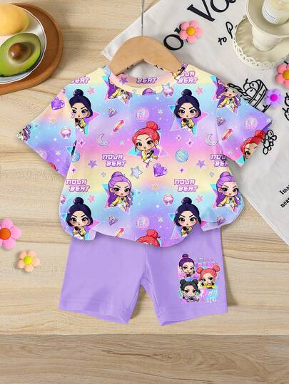 1 Set Baby Girls Fashionable Cute Cartoon K-POP Girl Heart Print Short Sleeve T-Shirt And Shorts Set, Suitable For Casual And Outdoor Wear