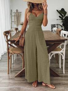 Breezaya Women's V-Neck Fuchsia Sleeveless Jumpsuit, Suitable For Spring/Summer Vacation - Grey - View 5