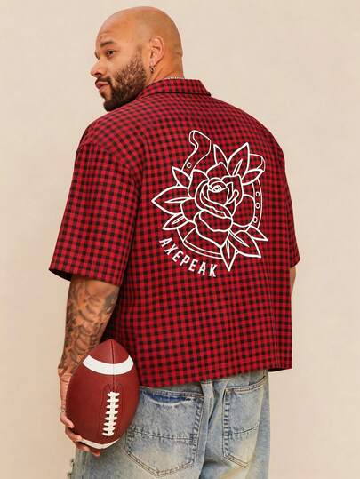 EASEVO 男士加大码花卉格纹短袖单排扣休闲衬衫