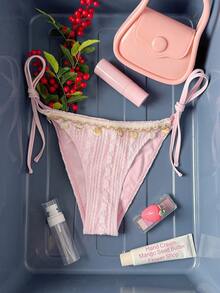 SHEIN Swim 两件套女士泳装，蕾丝面料搭配彩色大理石纹肩带，休闲沙滩泳池派对度假装，春夏款 - 粉色 - 查看 5