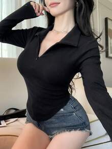 DAZY 女士不对称下摆长袖修身T恤，时尚音乐节休闲上衣，适合夏季、春季和秋季穿着。 - 黑色 - 查看 4