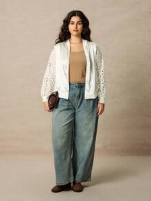 Juhart Áo khoác nữ tay dài dệt kim gân thường ngày cỡ lớn màu trắng, mùa xuân/thu - trắng - Xem 6