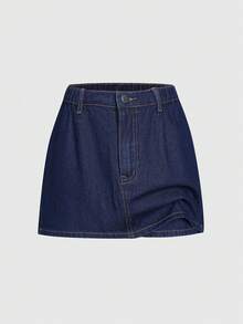 千禧少女风高腰宽松A字牛仔裙，面料柔软舒适，适合休闲、度假、上学、工作、聚会、居家、旅行等场合。 - 深色水洗藍 - 查看 3