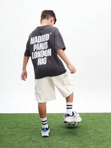 SUMWON Oversized City Names Graphic Tshirt With Madrid Paris London Rio Print Short Sleeve Crew Neck Tee Casual Streetwear, World Cup Sporty Game Streetwear - Dark Grey - View 1