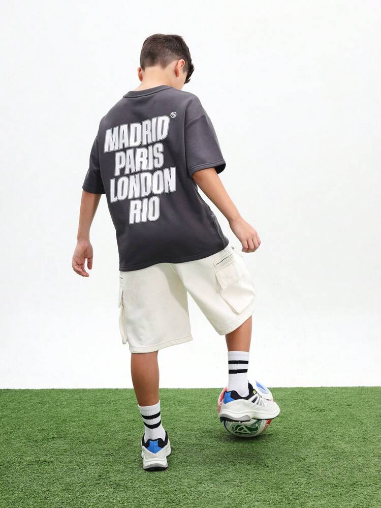 Chłopięca luźna koszulka z nadrukiem z nazwami miast i napisem Madryt, Paryż, Londyn, Rio, krótki rękaw, okrągły dekolt, letnia, swobodna odzież uliczna, Puchar Świata