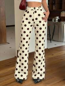 SHEIN EZwear 女士休闲复古杏棕色波点印花纯色前扣喇叭裤（杏色），适合夏季、度假、音乐节、比赛日、毕业季、返校季 - 彩色 - 查看 1