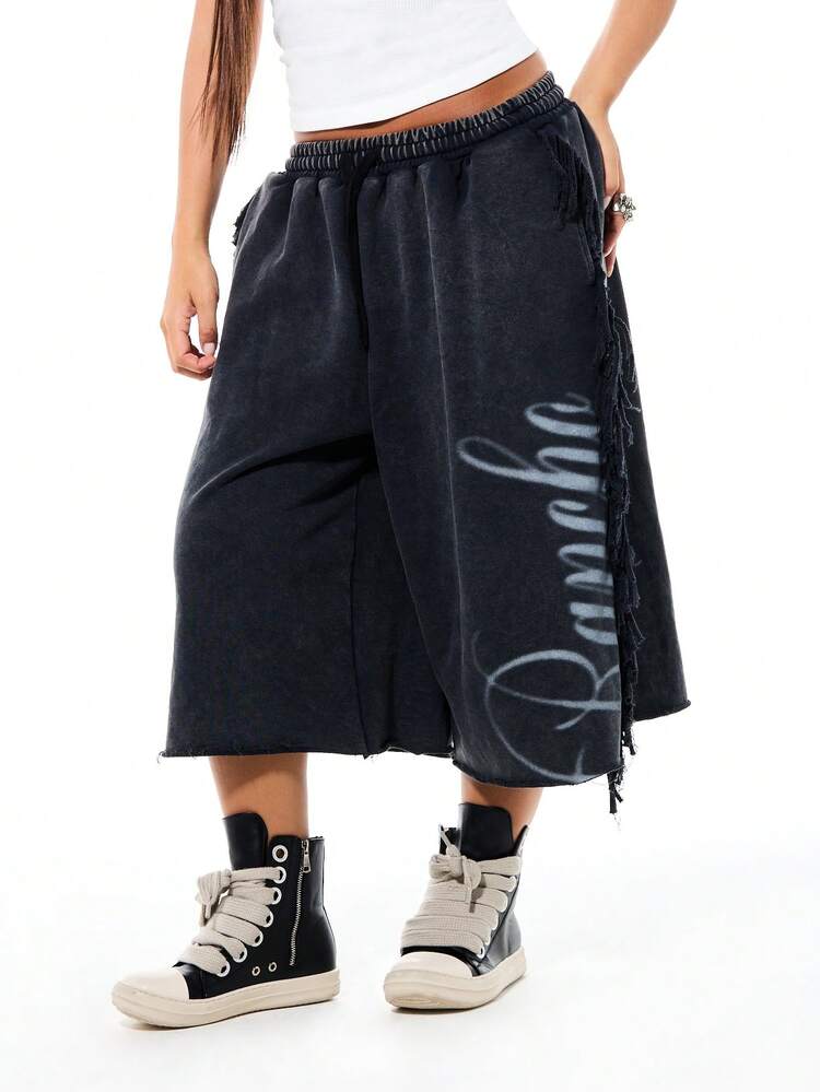 SUMWON WOMEN Womens Washed Denim Wide Leg Bermuda Jorts With Fringe Detail Elastic Waist Casual Summer Shorts