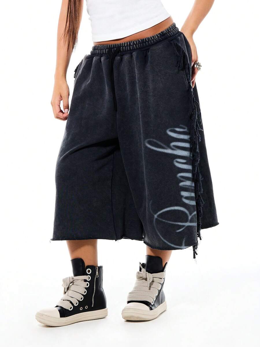 SUMWON WOMEN Womens Washed Denim Wide Leg Bermuda Jorts With Fringe Detail Elastic Waist Casual Summer Shorts - Black - View 1
