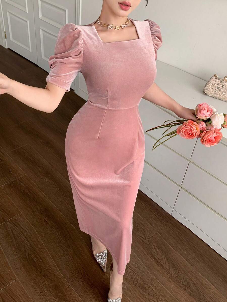 DAZY Vestido elegante de unicolor con mangas abullonadas, verano - Rosa - Ver 1