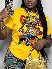 Maweii Plus Size Casual Cartoon Print T-Shirt, Summer - Yellow - View 4
