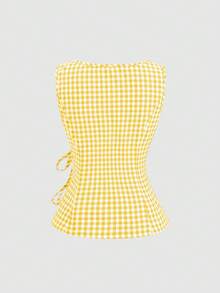 Sweetra 复古格子圆领设计学院风性感少女无袖衬衫，夏季新款系带修身精致甜美女式衬衫 - 黃色 - 查看 7