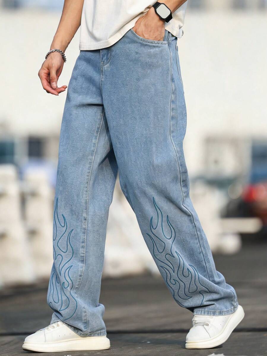 Manfinity EMRG Men's American Loose Fit Printed Flame Jeans - Blue - View 1