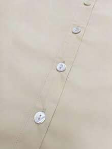 Franclia 's Elegant Summer Beige Satin Round Neck Button-Down Shirt,Pleated Puff Sleeves Soft Drape Relaxed Fit Blouse For Tea Party,Work,Holiday - Apricot - View 7