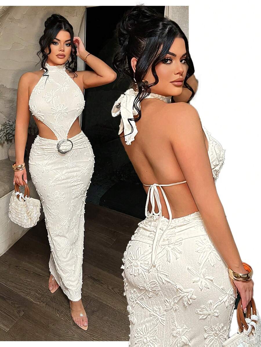 SHEIN SXY 女士性感3D立体花卉露背吊带连衣裙，夏季 - 白色 - 查看 1