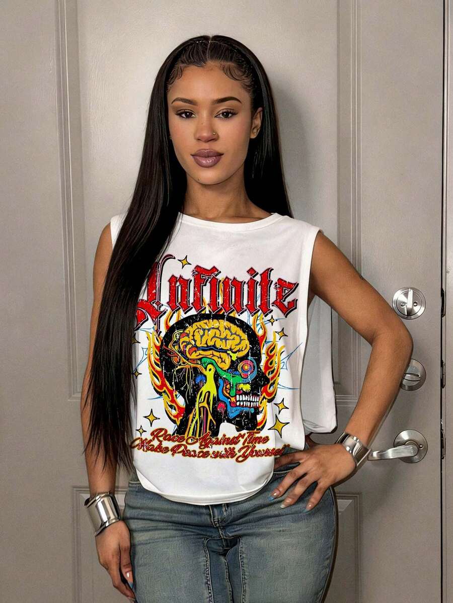 Slaydiva 休闲简约卡通图案女式上衣，适合夏季穿着 - 彩色 - 查看 1