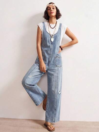  Bohemela 女士牛仔背带裤/连体裤，可调节肩带，休闲背带裤，舒适牛仔面料，春夏百搭牛仔背带裤