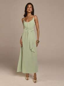 COSMINA Women's Elegant Sage Green Summer Mid-Length Dress,Spaghetti Strap Deep V-Neck Tie Waist Brunch Vacation Resort Wear,Casual Office Commute Dress - Yellow - View 5