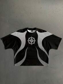 Manfinity ZONE917 Áo thun ngắn tay dáng rộng, cắt hộp, phong cách hip hop đường phố, phối màu đen trắng tương phản, họa tiết la bàn, dành cho những người yêu thích phong cách đường phố, quà tặng cho bạn trai, rapper. - Nhiều màu - Xem 5