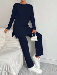 Cottnline 100%Cotton Women's Solid Color Striped Round Neck Top And Pants Two Piece Set - Navy Blue - View 4