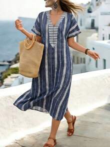 Linhara CURVE Vacation Style Striped Batwing Sleeve Loose Maxi Dress - Navy Blue - View 3