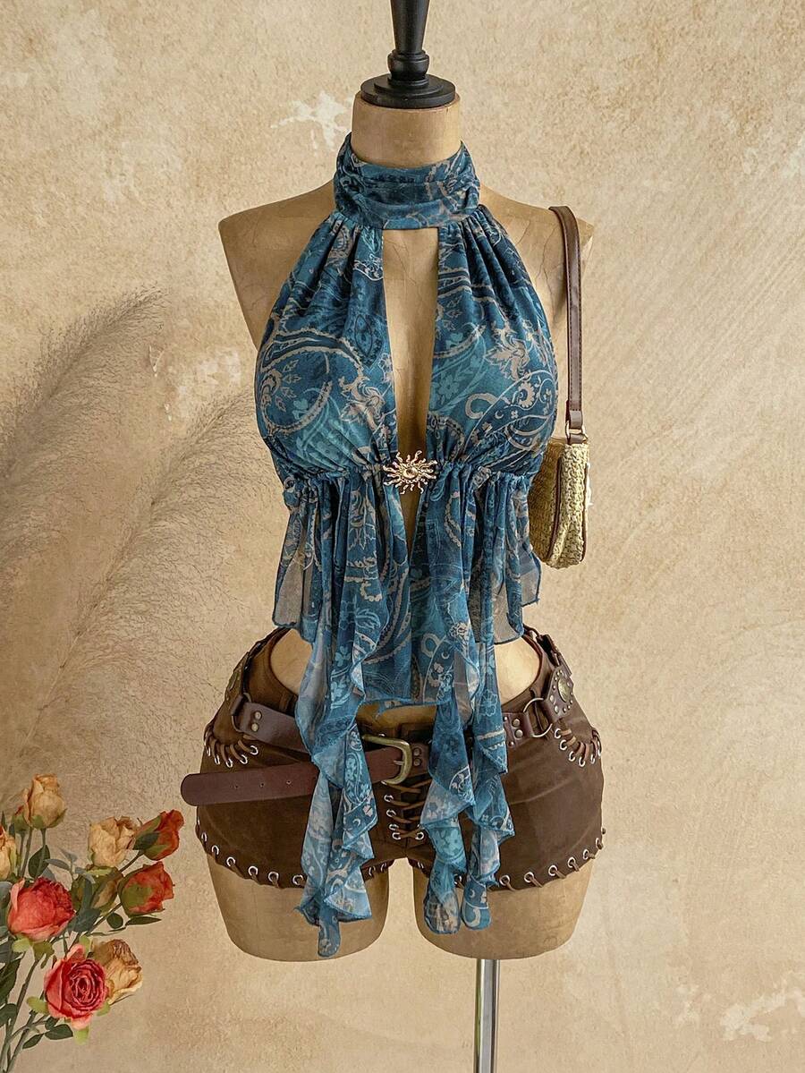 Soleia Blusa metálica con cuello de corbata y espalda descubierta, sexy y versátil para citas y salidas - Multicolor - Ver 1