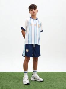 SUMWON Boys Argentina Style Soccer Jersey And Shorts Set Light Blue White Striped Football Kit With Number 10 Print V Neck Short Sleeve Outfit , World Cup - Multicolor - View 5