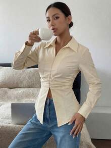 Modelyn 女士春夏黄色梭织长袖V领系腰纽扣A字优雅衬衫 - 黃色 - 查看 7