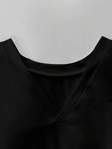 INAWLY V领极简主义套头短袖T恤，宽松版型，腰部收紧，女士T恤 - 黑色 - 查看 5