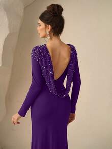 Coutiva Women's Beaded Backless Mermaid Formal Evening Gown (Heavily Embellished) - Purple - View 3