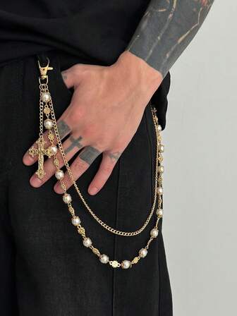Goth 1 قطعة سلسلة بنطلون ذات تصميم عتيق أنيق بسيط متعدد الألوان من البلور والخرز الاصطناعي، سلسلة جسم عبر للرجال بطراز بانك وهيب هوب، لتزيين البنطلون