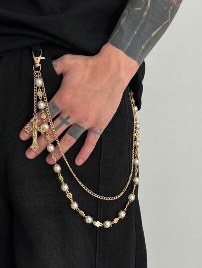 ROMWE Goth 1pc Vintage Elegant Minimalist Multi-Color Crystal & Faux Pearl Pants Chain, Men Punk Hip Hop Cross Body Chain, For Pants Decoration