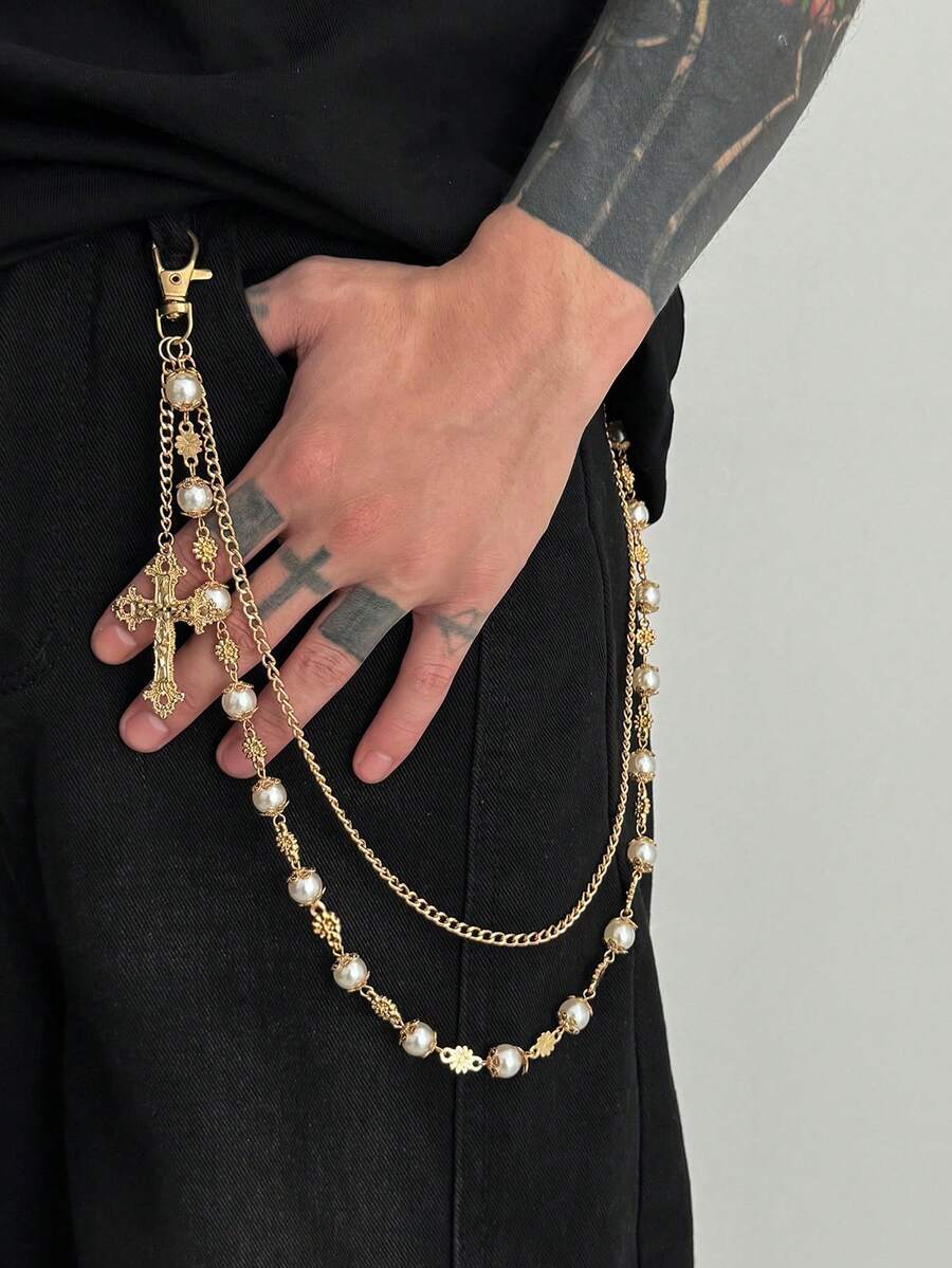 ROMWE Goth 1 chiếc dây đeo quần phong cách cổ điển, thanh lịch, tối giản, đính pha lê và ngọc trai giả nhiều màu sắc, dây đeo chéo vai dành cho nam giới theo phong cách punk hip hop, dùng để trang trí quần. - Vàng vàng chéo ngọc trai chuỗi eo - Xem 1