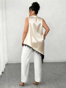 Elenzga Große Größen Ärmelloses Hemd für Damen mit Spitzensaum, elegante vintage-inspirierte lange Bluse, vielseitig einsetzbar für Arbeit, Abschluss, Feiertage, Valentinstag, Musikfestivals, Muttertag, Halloween, Erntedankfest, Ostern, Nationalfeiertag, Tänze, Dates, Hochzeiten, Ausflüge und mehr. - Aprikosenfarben - Übersicht 2