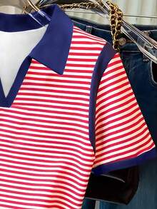 Resyla 美式复古红白条纹撞色V领Polo衫，马术图案休闲短袖上衣 - 彩色 - 查看 4