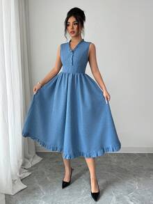 Elenzga Women's Elegant Romantic Sleeveless V-Neck Dress - Medium Wash - View 5
