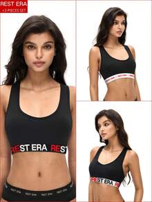 3pcs Women's Fashionable Letter Printed Bras Set - Multicolor - View 1