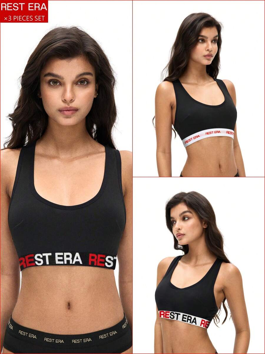 3pcs Women's Fashionable Letter Printed Bras Set - Multicolor - View 1