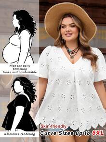 SHEIN CURVE+ Áo kiểu nữ cỡ US22, thích hợp cho lễ hội âm nhạc, kỳ nghỉ bên bờ biển, phong cách bohemian, cổ chữ V thêu họa tiết và tay cánh hoa, áo mùa hè cỡ lớn, áo trắng nữ, áo kiểu ren mùa hè, áo sơ mi nữ, áo kiểu nữ, áo ren mùa hè cho nữ. - trắng - Xem 3