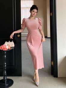 DAZY Vestido elegante de unicolor con mangas abullonadas, verano - Rosa - Ver 5