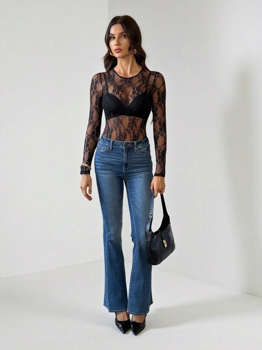 SHEIN Tall Body de encaje transparente, sin sujetador incluido - Negro - Ver 1