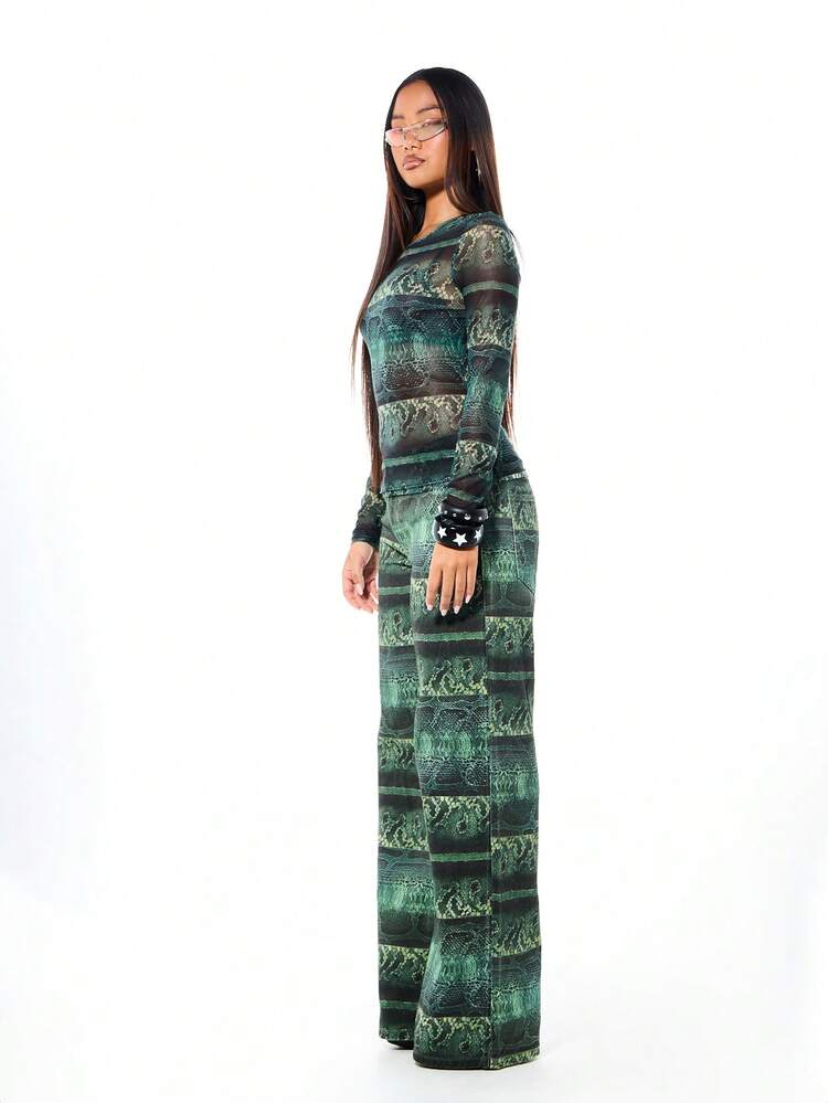 SUMWON Women's Green Snake Print Mesh Long Sleeve Top With Crew Neck And Fitted Style