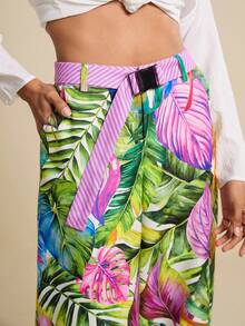 LOTSLUV Women's Floral Tropical Palm Leaf Print Harem Pants With Magenta Belt, Summer Boho Beach Vacation Holiday Tropical, Whimsical Trousers - Green - View 4