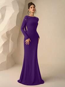 Coutiva Women's Beaded Backless Mermaid Formal Evening Gown (Heavily Embellished) - Purple - View 5