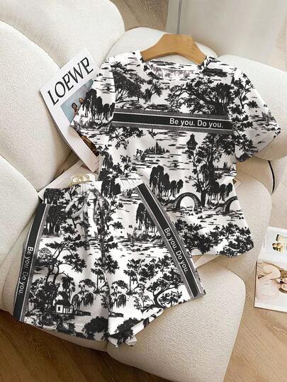 Resyla Be You. Do You. Vintage Landscape Print Casual 2 Pieces Set, Round Neck, Summer