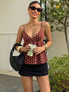 Muchica Women's Casual Vacation Polka Dot V-Neck Camisole, Spring/Summer,Summer Top - Brown - View 6
