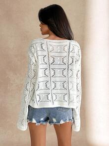 EURMUSE 镂空钩针编织开衫，前系带喇叭袖，轻薄透气，适合夏季波西米亚风叠穿，沙滩度假休闲时尚女款 - 白色 - 查看 3