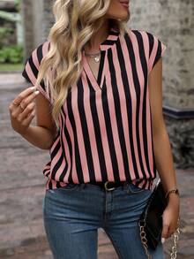 SHEIN Women's Striped V-Neck Casual Versatile Daily Wear Shirt - Pink - View 7