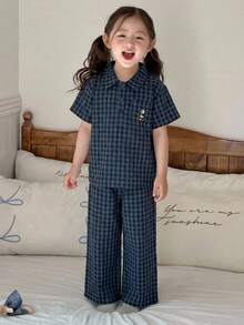 Dazy Kids Girls' Plaid Embroidered Long Sleeve Top And Pants Loungewear Set, Fall - Navy Blue - View 4