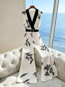 Franclia 女士时尚独特树叶印花撞色拼接无袖阔腿裤，百搭实用，适合春夏穿着 - 杏色 - 查看 1